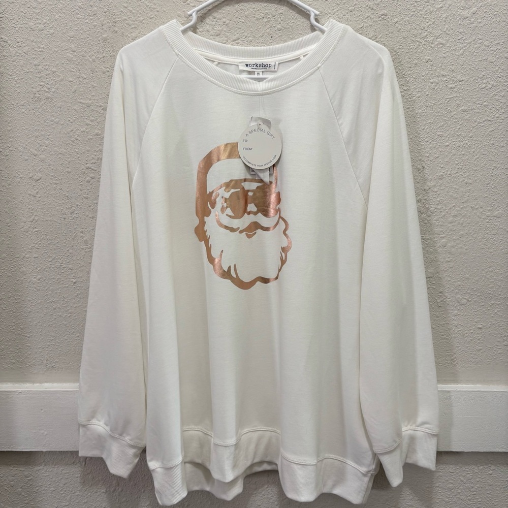 Workshop Republic Clothing White Pullover with Metallic Santa in Shades NWT 2X
